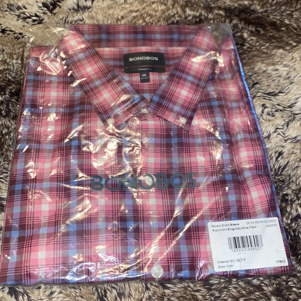 Bobobos, new in packaging, burgundy and plaid button down, collared 4XL shirt.